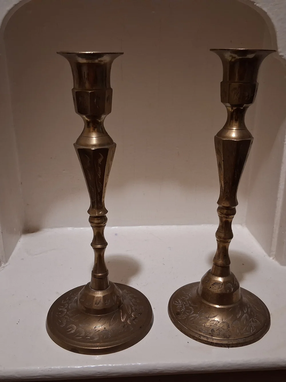 Vintage Pair Brass Candlestick Holders With Floral Etching